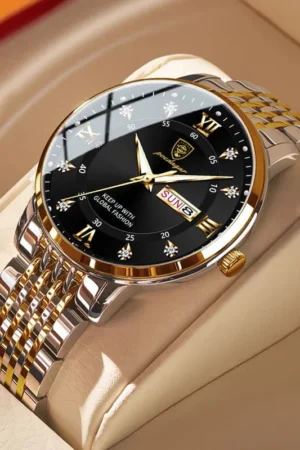 POEDAGAR Men Watches Stainless Steel Push Button Hidden Clasp Week Date Waterproof Luminous Top Brand Luxury Quartz Wristwatch