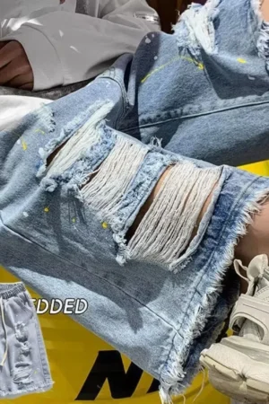 Men's Summer Thin Denim Shorts Casual Loose Fit Hole Design Versatile Straight Leg Mid-Length Korean Trendy Casual Shorts