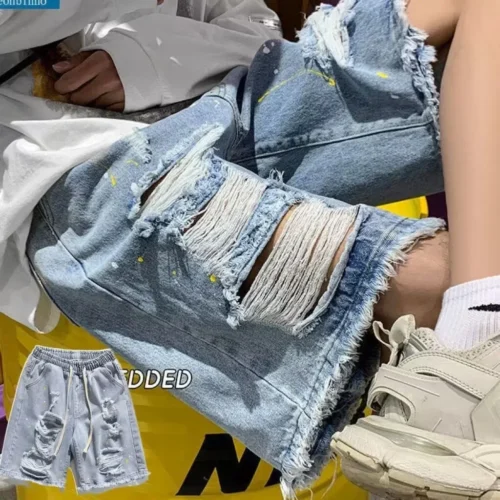 Men’s Summer Thin Denim Shorts Casual Loose Fit Hole Design Versatile Straight Leg Mid-Length Korean Trendy Casual Shorts