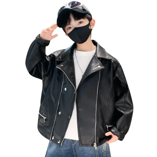 Elegant Children Leather Jacket For Teen Boys Korean Style Slim Fit PU Leather Coat With Zipper Kids Fashion Spring Clothing