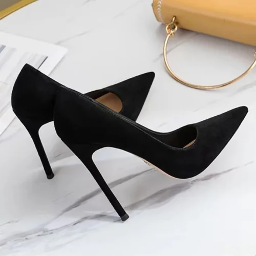 New Fashion women’s shoes Sexy black high heels Sharp pointed suede pumps Elegant Shallow Mouth Etiquette Shoes Mujer Zapatos