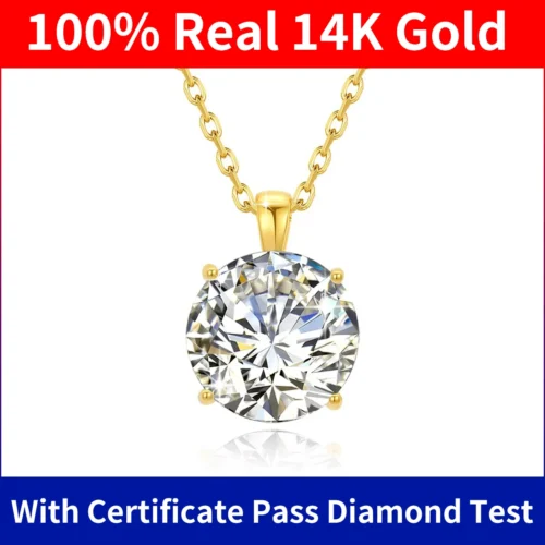 Szjinao 100% Real 14k Gold Moissanite Necklace For Women 6.5mm 1.0ct D Color AU585 K Gold Luxury Pendant Certificated Wholesale