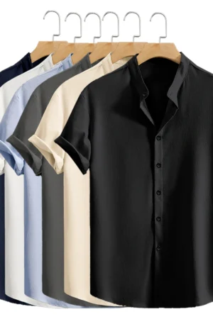 Youth Casual Beach Short Sleeve Shirts Solid Color Loose Casual Breathable Shirt Lightweight Streetwear Male Button Tops