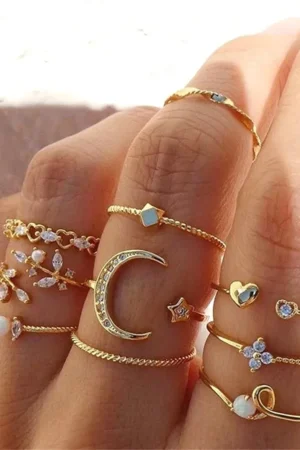 10 Pcs Rings Suit For Women Gold-color Chain Ring Set Bohemian Style Coin Snake Moon Star Party Trend Gift Jewelry