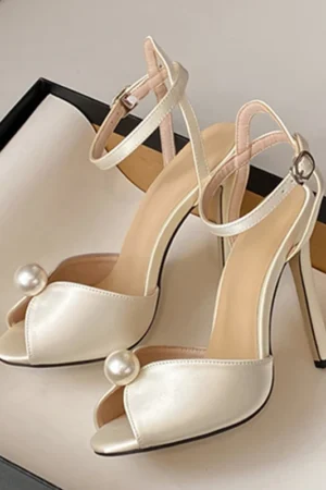 Liyke High Quality Cozy Silk Peep Toe 11CM Thin Heels Gladiator Sandals Women Fashion Pearl Designer Shoes Ankle Strap Sandalias