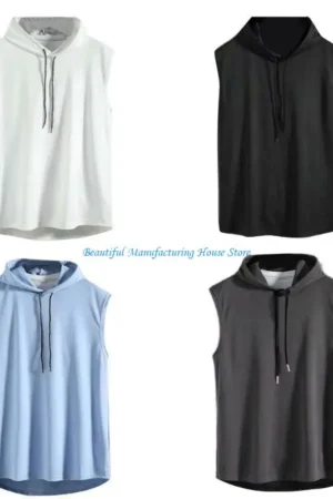 E56A Mens Summer Sleeveless Drawstring Hooded for Tank Top Solid Color Gym Fitness Sports T-Shirt Hip Hop Loose Blouse Vest