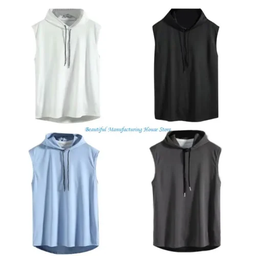 E56A Mens Summer Sleeveless Drawstring Hooded for Tank Top Solid Color Gym Fitness Sports T-Shirt Hip Hop Loose Blouse Vest