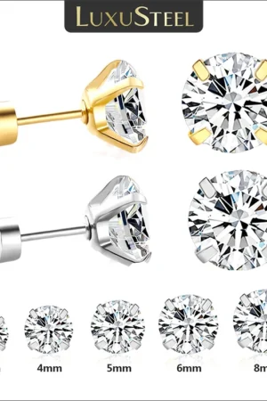 LUXUSTEEL 1Pairs/2Pcs Stainless Steel Crystal Studs Earrings For Women Men 4 Prong Tragus Round Clear Cubic Zirconia Ear Jewelry