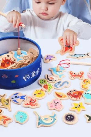 Montessori Wooden Fishing Toys For Children Cartoon Marine Life Cognition Fish Games Parent-Child Interactive Educational Toy