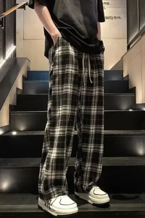 Casual Plaid Men's Pants Japanese Style Vintage Loose Fit Trendy Brand Sports Wide Leg Dragging Pants For Summer
