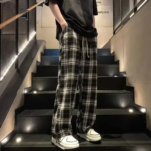 Casual Plaid Men’s Pants Japanese Style Vintage Loose Fit Trendy Brand Sports Wide Leg Dragging Pants For Summer