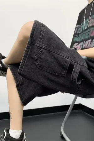 Men's Loose-Fit Denim Shorts Summer Lightweight Trendy Straight-Leg Casual Pants American Style Vintage Washing