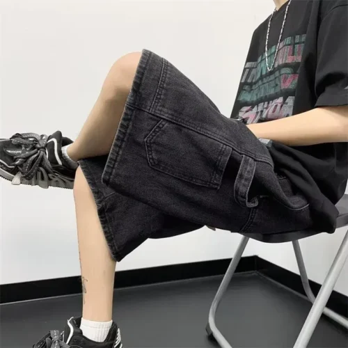 Men’s Loose-Fit Denim Shorts Summer Lightweight Trendy Straight-Leg Casual Pants American Style Vintage Washing