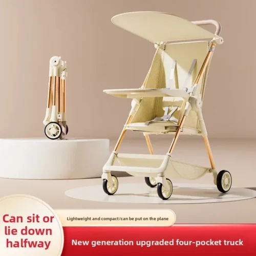 Portable Lightweight Four-Wheel Pocket Baby Stroller Compact One-Click Folding Child Pushcart Easy to Handle for Shopping And Tr