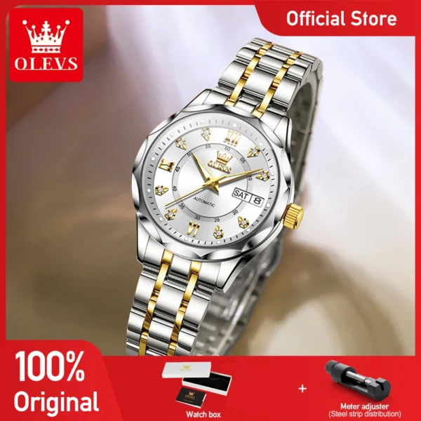 OLEVS 6727 Ladies Watch Automatic Mechanical Watch Stainless Steel Waterproof Calendar Week Watches For Women Luxury Elegant New