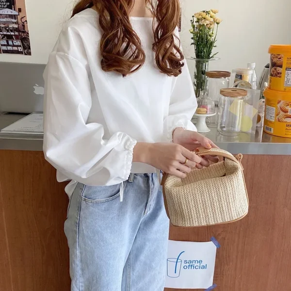 Yogodlns Summer Small Straw Handbag Trendy Shoulder Bag Woven Bucket Crossbody Bag Casual Seaside Beach Bag Gilrs Handle Tote - Image 4