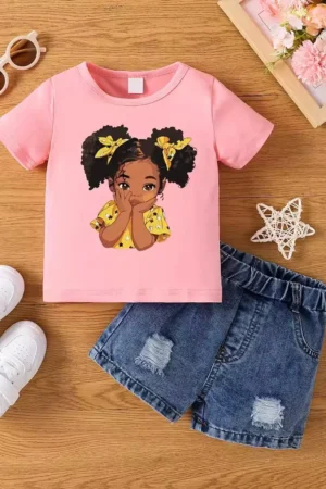 Aby Boys and Girls Summer Hot Painted Round Neck Short-sleeved Top Girls Just T-shirts. Shorts not included