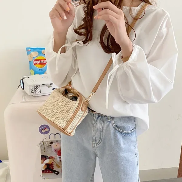 Yogodlns Summer Small Straw Handbag Trendy Shoulder Bag Woven Bucket Crossbody Bag Casual Seaside Beach Bag Gilrs Handle Tote - Image 3