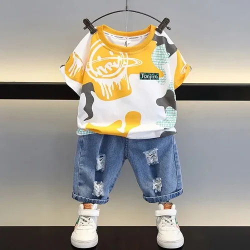 Children’s Summer Set 2025 New Style Boys’ Baby Short sleeved T-shirt Cowboy Shorts 2-piece Set