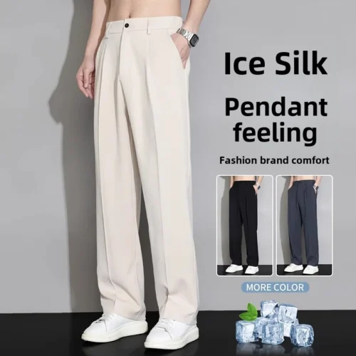 Men’s Casual Pants Loose Fit Straight Leg Wide Leg Summer Lightweight Ice Silk Pants Dropshipping Fashion