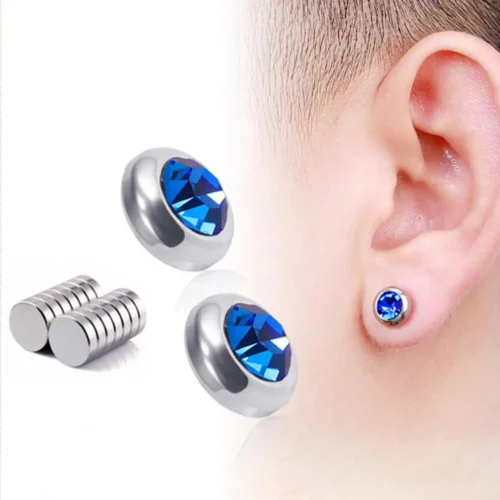1 Pair Ear Studs Non-Piercing Magnetic Stainless Steel Round Colored Rhinestone Embedded Men Women Earrings Fashion Jewelry