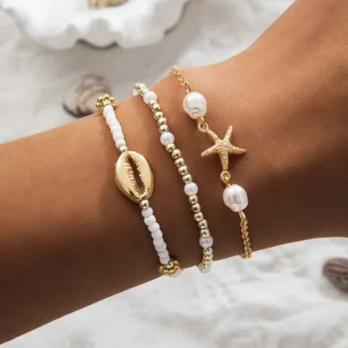 3Pcs Summer Shell Bracelet Set For Women Bohemia Starfish Charm Pearl Seed Beads Chain Bangle Female Beach Vacation Jewelry Gift