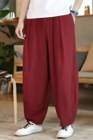 High-waisted Casual Cotton Linen Trousers Solid Color Wide-leg Harem Pants For Men Chinese Style Bloomers Summer Wear