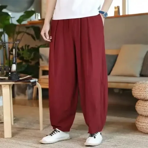 High-waisted Casual Cotton Linen Trousers Solid Color Wide-leg Harem Pants For Men Chinese Style Bloomers Summer Wear