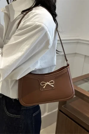 Stylish Shoulder Bag with Metal Bow Decoration, Versatile Underarm Bag, Classic Brown and Black Baguette Bag for Women Daily Use