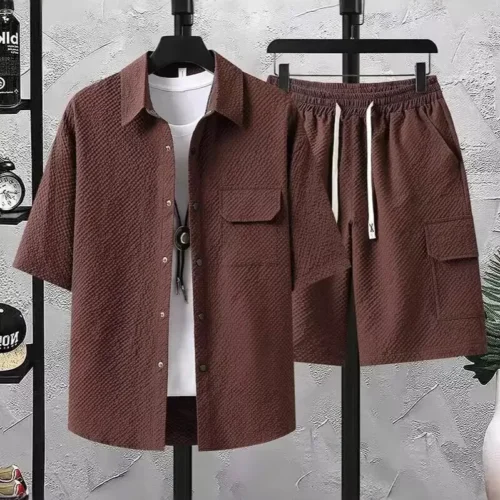 2025 Summer Men’s Hong Kong Style Shirt Set, Short Sleeve Shorts Set, Men’s Casual Trendy Versatile