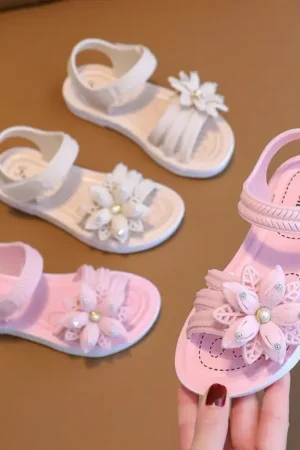 Cute Pink White Sandals Flower Decor Open Toe Sandals Kids Girls Breathable Lightweight Sandals Summer Indoor Outdoor Beach