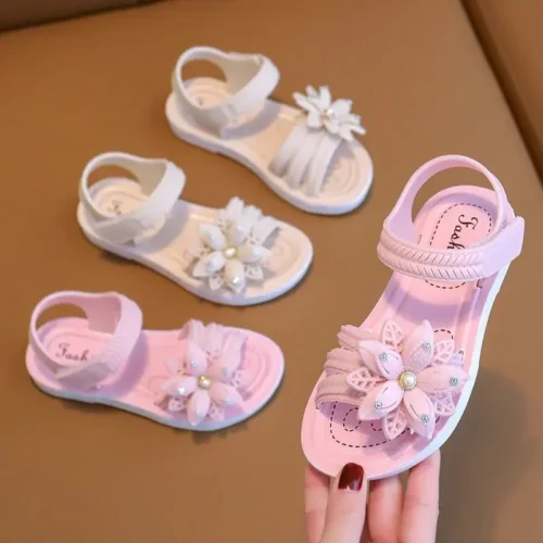 Cute Pink White Sandals Flower Decor Open Toe Sandals Kids Girls Breathable Lightweight Sandals Summer Indoor Outdoor Beach