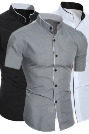 New men's solid color casual commuting short sleeved shirt