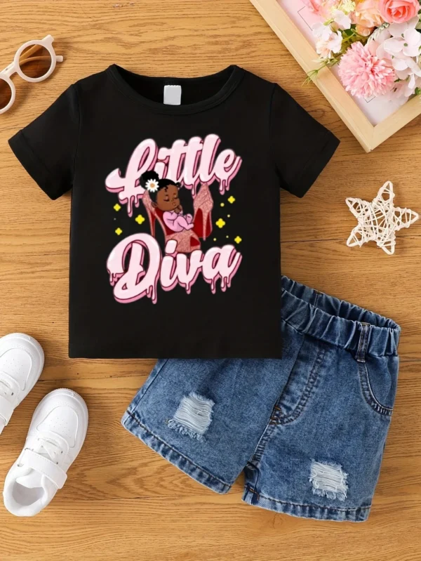 Aby Boys and Girls Summer Hot Painted Round Neck Short-sleeved Top Girls Just T-shirts. Shorts not included - Image 5