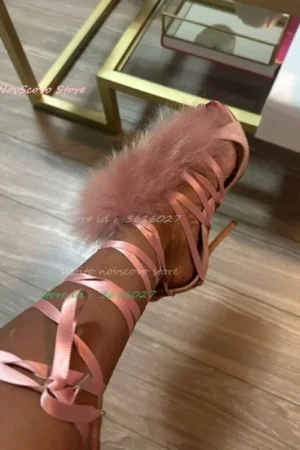 Open Toe Pink Suede Faux Furry Sandals Cutouts Satin Lace Up Stiletto High Heels Cross Straps Summer Sexy Women Single Shoes