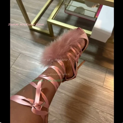 Open Toe Pink Suede Faux Furry Sandals Cutouts Satin Lace Up Stiletto High Heels Cross Straps Summer Sexy Women Single Shoes