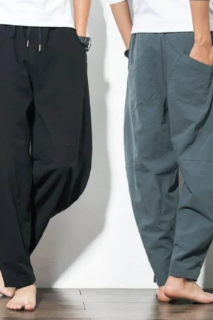 Spring Summer Men Loose Casual Pants Low Crotch Harley Pants Linen Cotton Light Cylinder Trendy
