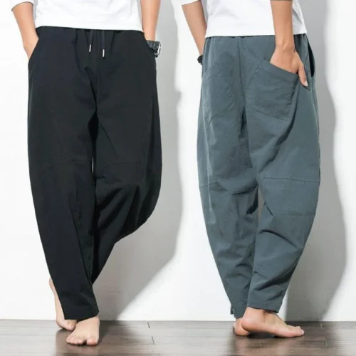 Spring Summer Men Loose Casual Pants Low Crotch Harley Pants Linen Cotton Light Cylinder Trendy