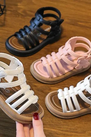 2025 New Children Sandals Girls Kids Roman Sandal Summer Soft Flat Heels High-top Beach Princess Fashion Cartoon Shoes Side Zip