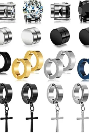 2pcs Punk Mens Strong Magnet Magnetic Ear Stud Set, Non Piercing Earrings Fake Cross Earrings Gift For Boyfriend Lover Jewelry