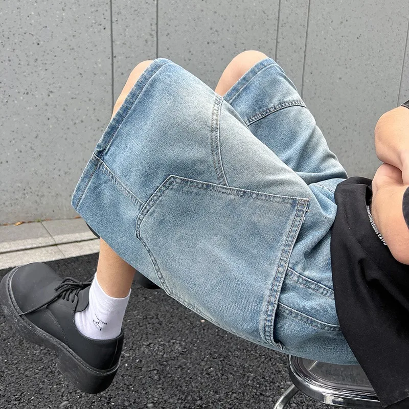 Summer New Baggy Denim Shorts Fashion Casual Straight Harajuku Jeans Male Vintage Wash Drawstring Short Pants Streetwear 2 Summer New Baggy Denim Shorts Fashion Casual Straight Harajuku Jeans Male Vintage Wash Drawstring Short Pants Streetwear - Image 2