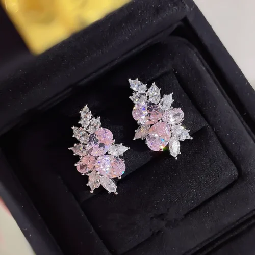 Huitan Sweet Pink Cubic Zirconia Stud Earrings for Women Silver Color Fashionable Ear Piercing Accessories Wedding Party Jewelry