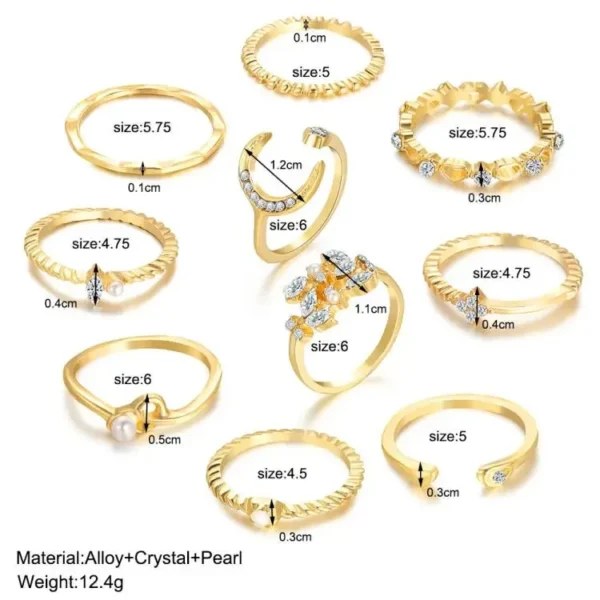 10 Pcs Rings Suit For Women Gold-color Chain Ring Set Bohemian Style Coin Snake Moon Star Party Trend Gift Jewelry - Image 3