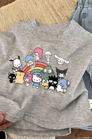 Anime Cartoon Children T Shirt Kuromi Hello Kitty Summer New Kawaii Short Sleeves Fashionable Soft Breathable Comfortable Sweet