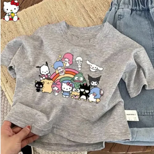 Anime Cartoon Children T Shirt Kuromi Hello Kitty Summer New Kawaii Short Sleeves Fashionable Soft Breathable Comfortable Sweet
