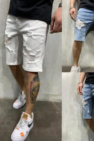 2024 Ripped tassel denim shorts New Summer Men's Personalized Washable Perforated Denim Pants Large Casual Middle Pants