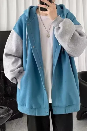 Men Hoodies Hooded Covered Button Sweatshirts Cardigan Spliced Outerwear High Street Loose Fit Pockets Winter 2024 Sports