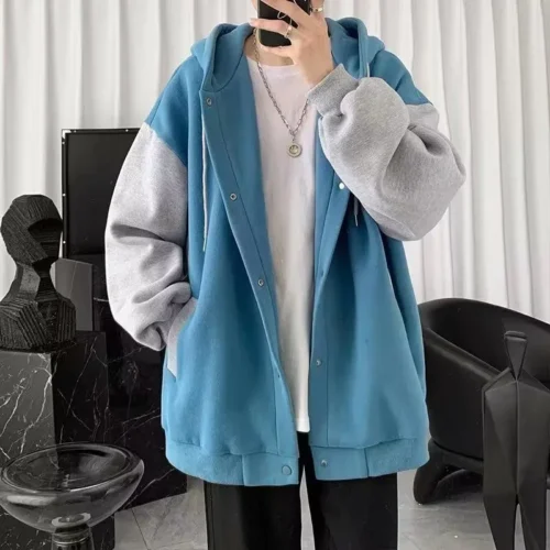 Men Hoodies Hooded Covered Button Sweatshirts Cardigan Spliced Outerwear High Street Loose Fit Pockets Winter 2024 Sports