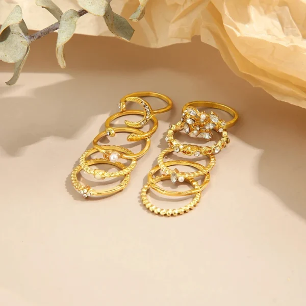 10 Pcs Rings Suit For Women Gold-color Chain Ring Set Bohemian Style Coin Snake Moon Star Party Trend Gift Jewelry - Image 5