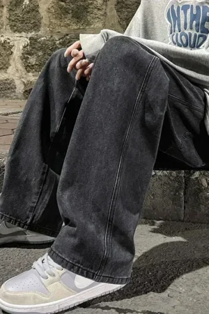2025 New Streetwear Loose Jeans Men Korean Style Fashion Loose Straight Wide Leg Pants Men's Brand Clothing Black Light Blue